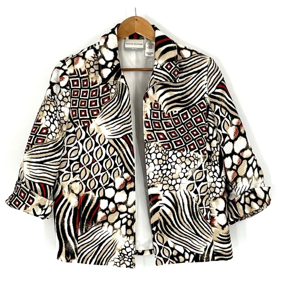 Alfred Dunner 8P Brown Red Cream Animal‎ Print Jacket Button Open Front